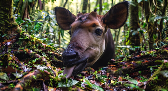 Close up of an Okapia johnstoni okapi using its prehensile tongue to forage on a dense rainforest floor