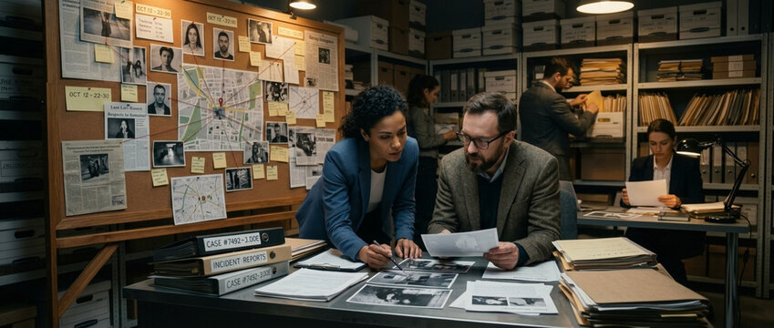 Detectives collaborating around a crime board and files in a dimly lit investigation office showing teamwork and analysis