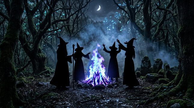 Silhouettes of people in witch hats and cloaks gathered around a mystical fire in a dark, moonlit forest, symbolizing magic and ritual