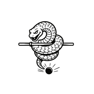 Aggressive Snake Coiled Around a Rod with Glowing Magic Orb. A bold black and white vector illustration of a fierce serpent coiled tightly around a staff or rod, with a glowing magical orb