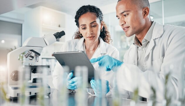 Two laboratory scientists working with digital tablet while conducting medical research and analyzing clinical data in a modern biotechnology facility