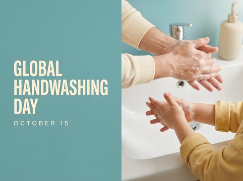 Global handwashing day awareness campaign with hands being washed with soap under running water in bathroom
