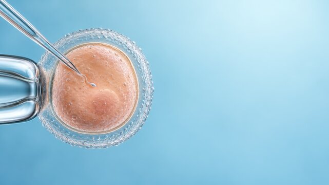 Intracytoplasmic Sperm Injection into Human Oocyte with Blue Background, 3D Illustration