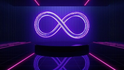 Fototapeta premium Bright infinity symbol glows within dark room. Reflections create symmetrical visual effect. Neon lights emphasize depth.