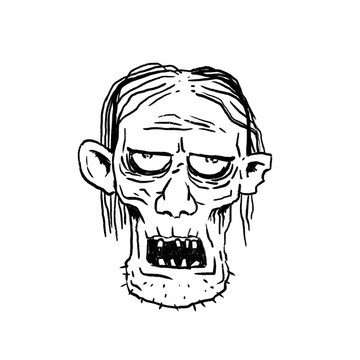 Hand-drawn illustration of a scary zombie head with an open mouth isolated on white background. Creepy line art monster icon for Halloween, stickers, horror themes, and dark graphic design projects.