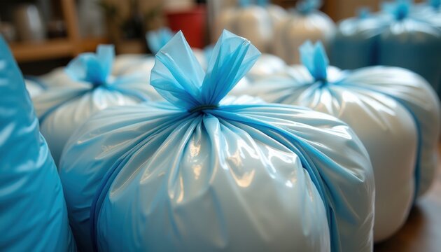 Close-up of blue-tied plastic garbage bags filled with white material, arranged in rows on a wooden floor in an industrial storage setting.