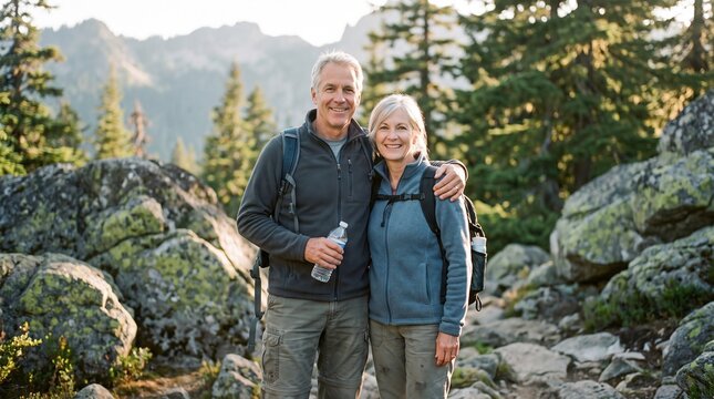 Active senior couple smiling together while hiking on a rocky mountain trail during their outdoor nature adventure and retirement trip