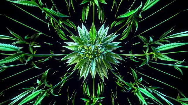 Cannabis leaves in symmetrical kaleidoscope mandala pattern, green marijuana art seamless VJ loop