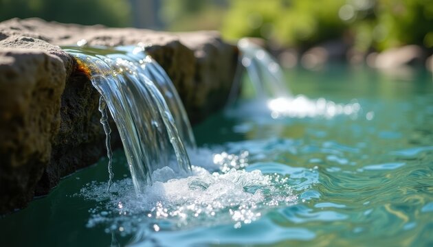 Clear water cascades over moss-covered stone in a peaceful stream, creating sparkling ripples in the emerald pool below. Sunlight glints off the flowing water in a serene natural setting.