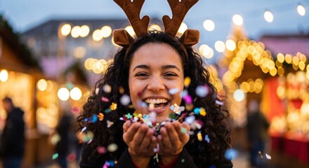Fototapeta premium A cheerful young woman with reindeer antlers celebrates the winter holidays by blowing colorful confetti at a festive Christmas market surrounded by glowing lights