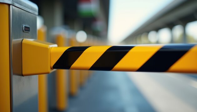 A yellow and black striped parking barrier gate extends across a paved lot, with blurred vehicles and highway infrastructure visible in the background under daylight.