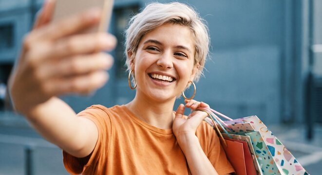 Happy young woman taking a selfie outdoors while holding colorful shopping bags and smiling cheerfully during a retail therapy day in the city