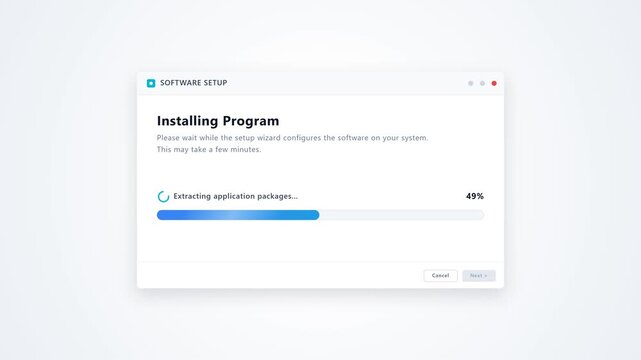A high-quality 4K motion graphics animation showing a generic, unbranded software installation setup wizard. Features a bright, clean corporate UI with a dynamic progress bar, changing status text