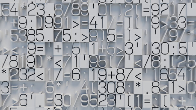 Close-Up of Textured Mosaic Pattern with Varied Sizes of Black and White Numbers and Symbols on Neutral Gray Background, Abstract 3D Digital Art for Educational and Design Use