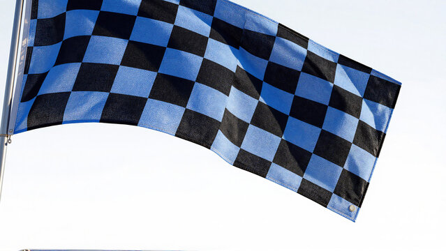 Blue and Black Checkered Flag Waving Against a Bright Sky in a Race