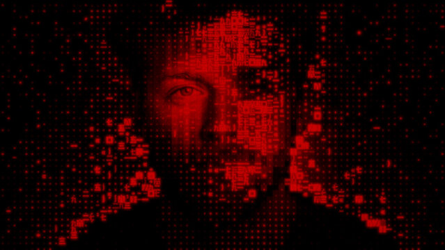 Digital Face dissolving into Data Fragments, representing Surveillance Capitalism Concept.
