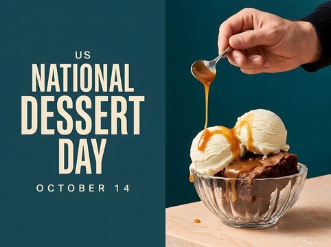 National dessert day celebration with a hand pouring delicious caramel sauce over creamy vanilla ice cream scoops