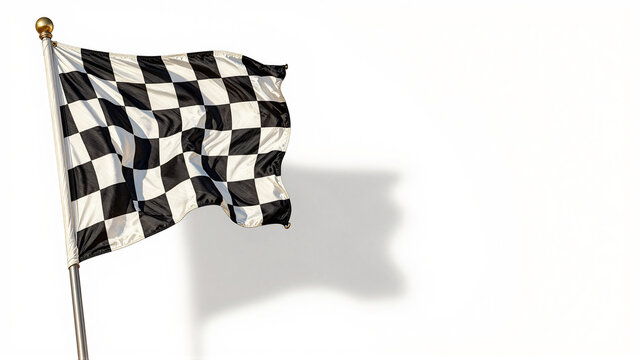 Waving black and white checkered flag on silver pole isolated on white background for racing