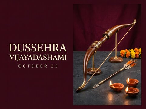 Traditional indian dussehra festival greeting card featuring a golden bow and arrow with glowing oil lamps