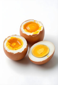 Healthy nutrition and protein diet, soft boiled eggs with runny yolk and hard boiled egg halves for breakfast meal preparation on a white background
