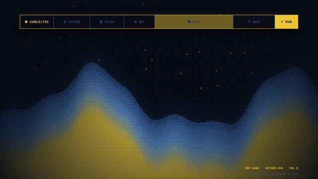 Premium 4K retro 8 bit motion graphics video loop of a vintage operating system UI dock. Features an animated menu over a continuously looping dithered pixel art landscape with authentic CRT scanlines