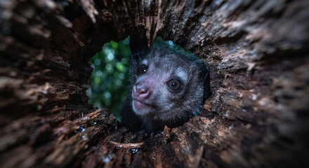 Fototapeta premium Close-up of a rare Aye-aye lemur (Daubentonia madagascariensis) looking out from its tree-hole nest in a Madagascar rainforest