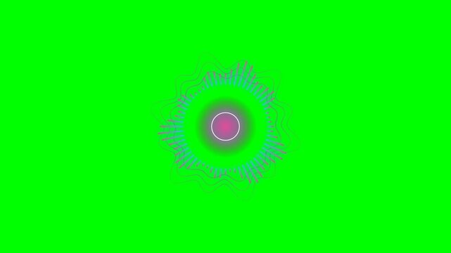 A high-end 4K motion graphics animation of a circular sound wave audio visualizer. Features organic wavy ring deformations, pulsing reactions that expand and shrink to the rhythm, glowing particle