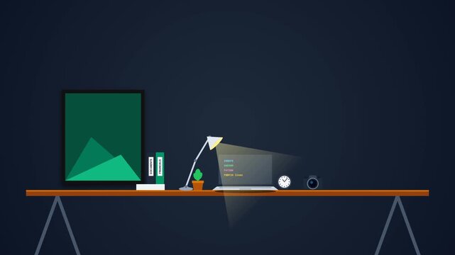 A 4K motion graphics pop-in animation of a realistic office desk setup on a dark background. Features a perfectly angled modern desk lamp casting an accurate light cone onto a center laptop, surrounde