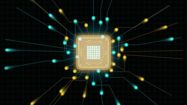 Central processing unit radiating energy pulses in dark background with motion graphics