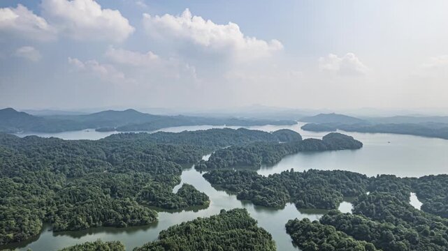 Aerial View of Lush Forested Islands in a Calm Lake in Zhejiang, China
