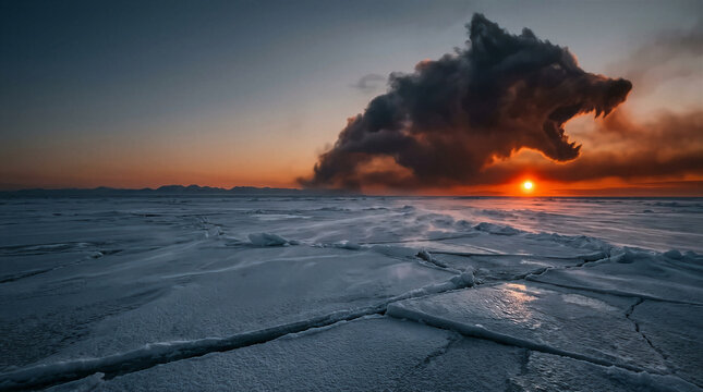 Fenrir wolf cloud about to swallow the sun over a frozen sea