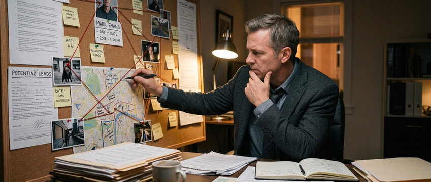 Detective analyzing crime board with map photos notes and red string connecting evidence