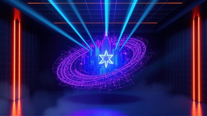 Fototapeta premium Futuristic room features glowing neon lights, digital star, smoke effects. Dramatic lighting creates immersive atmosphere.
