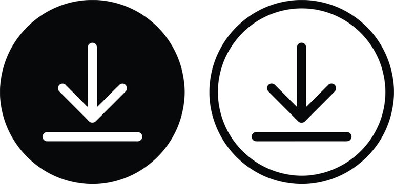 Black and white download icon set with arrow symbol in circle for web and mobile user interface