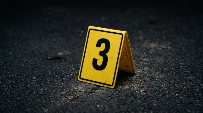 Crime Scene Marker Number 3 on Asphalt Background Evidence Marker