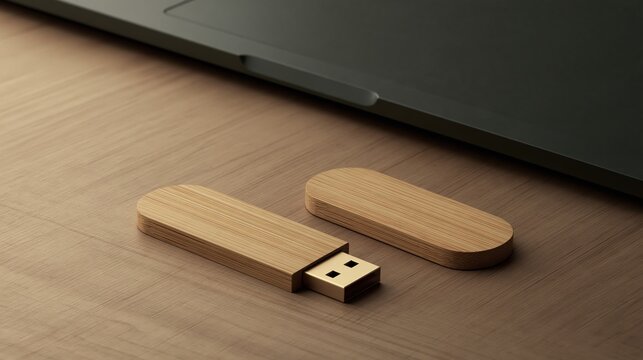USB sticks in wood grain on a sleek computer, close-up view.