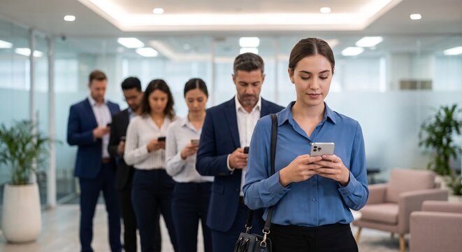 Businesswoman using smartphone while standing in queue with diverse corporate colleagues checking their mobile phones in hallway