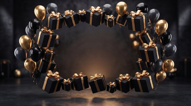 Black Friday frame composed of black gift boxes with gold ribbons. Top view border layout made of elegant black wrapped present boxes with shiny golden bows on a dark background with central copy spac
