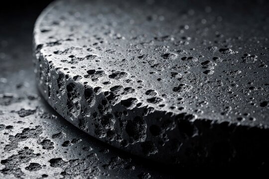 Close up of dark grey aluminium casting with matte finish. Rough pitted texture shows industrial metalwork details. Hard wearing stone finish surface on heavy metal part. Raw manufacturing material