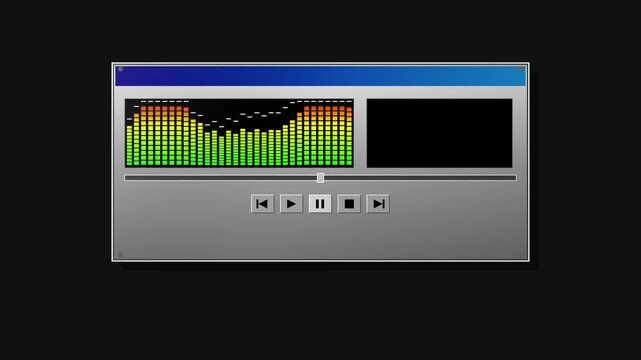 Retro media player interface illustration featuring a classic audio equalizer, volume controls, and playback buttons on a dark background for digital music and software design