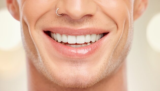 Smiling male mouth showing healthy white teeth and silver nose piercing representing oral care, dental hygiene, and aesthetic cosmetic treatment