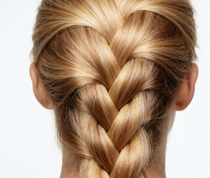 Back view of blonde woman with long hair styled in thick Dutch braid. Intricate hairstyle on white background. Beautiful braided hair pattern for salon beauty concepts, hair care tutorial fashion
