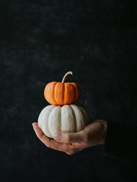 Hand holding stacked white and orange pumpkins on black background.
