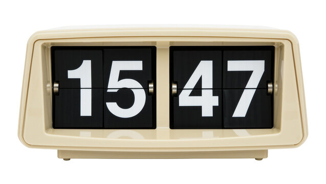 Retro flip clock showing 15 47 time, isolated on transparent background
