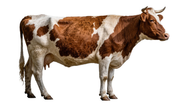 Brown and white spotted cow with horns, isolated on transparent background