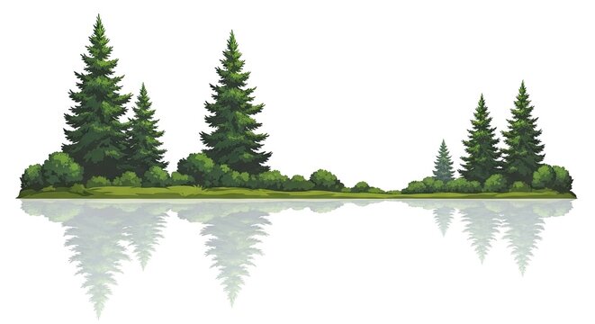 Serene evergreen forest landscape with reflection in calm water, vector illustration