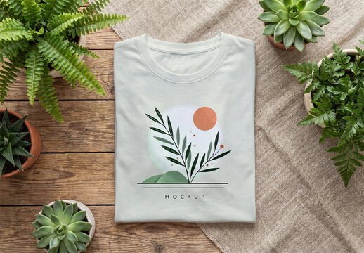 Folded T-shirt on a Rustic Wooden Surface with Linen Fabric Mockup - Top View