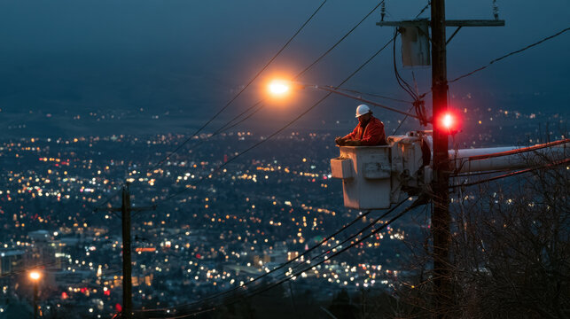 Utility line worker repairing electrical infrastructure above illuminated city at dusk