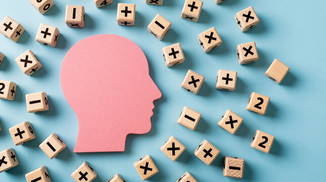 Pink human head silhouette surrounded by wooden math symbols on blue background. Small wooden cubes with plus minus multiply, divide signs scatter around brain shape. Concept of mental math, complex