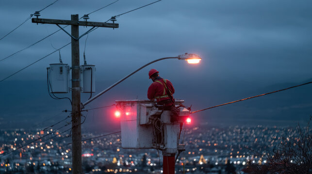 Utility line worker repairing power infrastructure above city at dusk